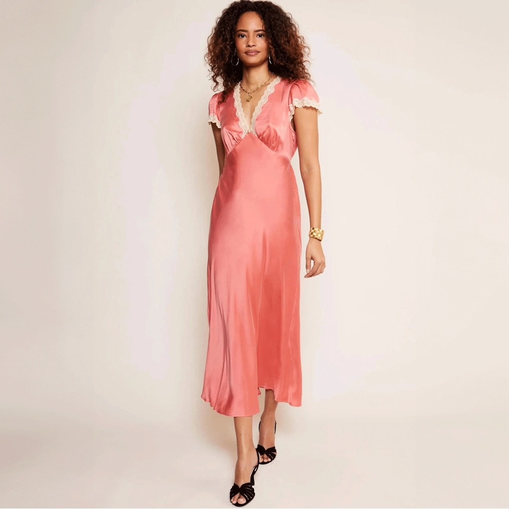 RIXO Coral and Cream Dress- Clarice Silk Dress